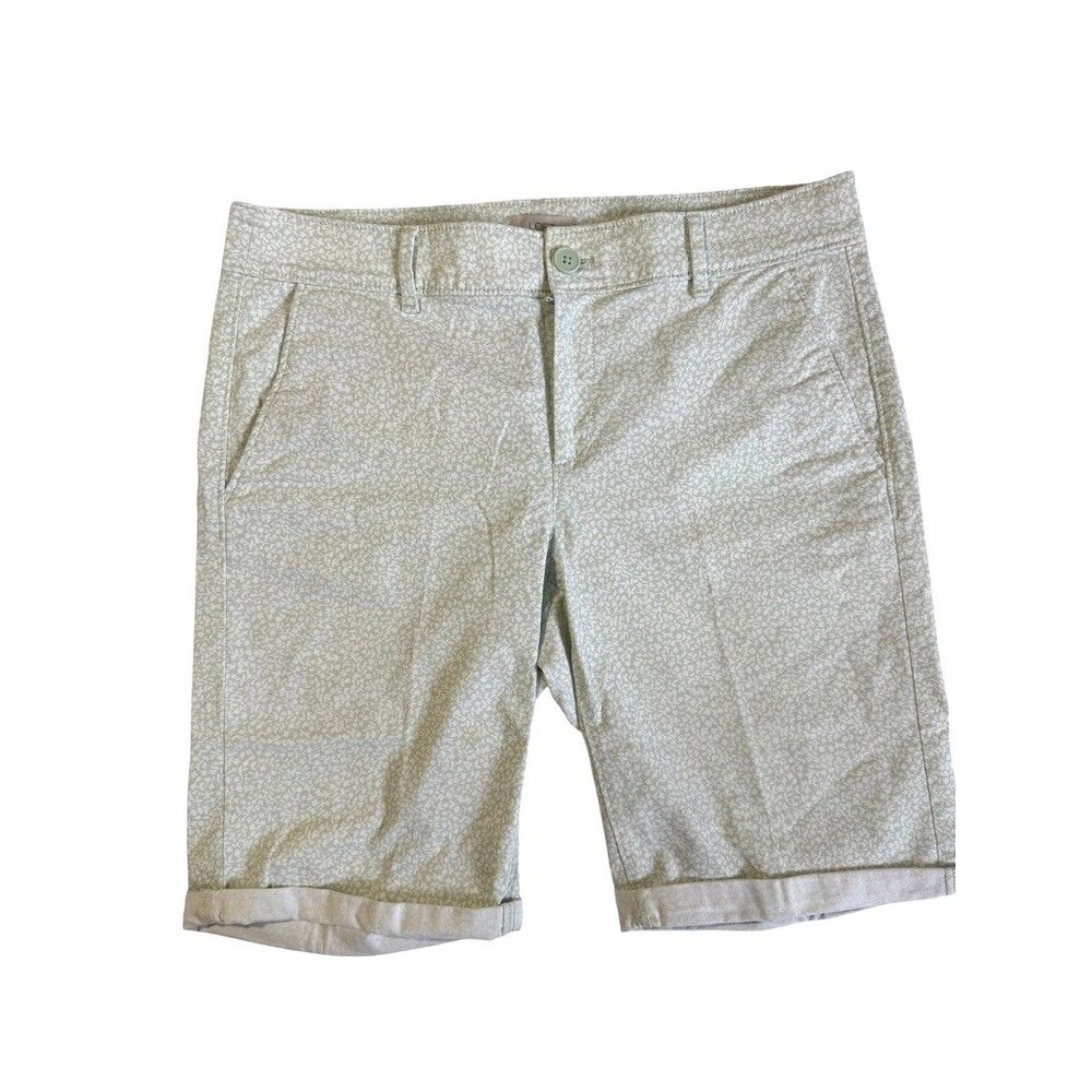 Ann Taylor LOFT Bermuda Shorts Women 10 Sage Green White Floral Cotton Cuffed